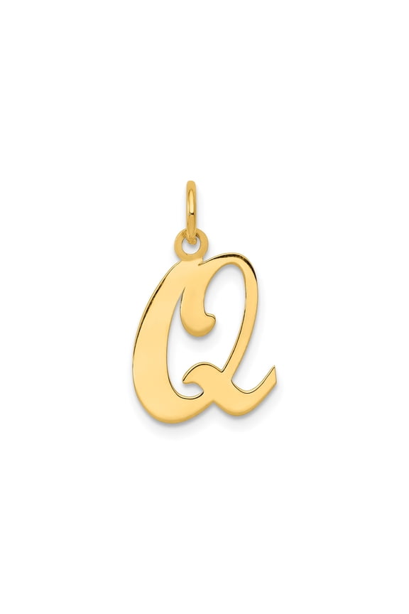 14k Yellow Gold Script Letter Q Pendant Charm, Polished Initial Monogram Jewelry