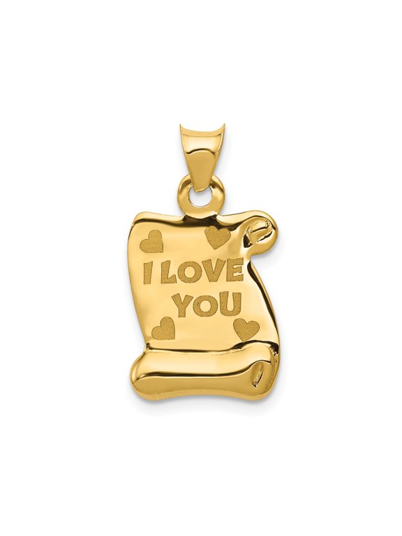 14k Yellow Gold Scroll Pendant with I Love You and Heart Design, Romantic Charm for Women or Unisex, Sentimental Fine Jewelry Symbol for Love and Anniversary