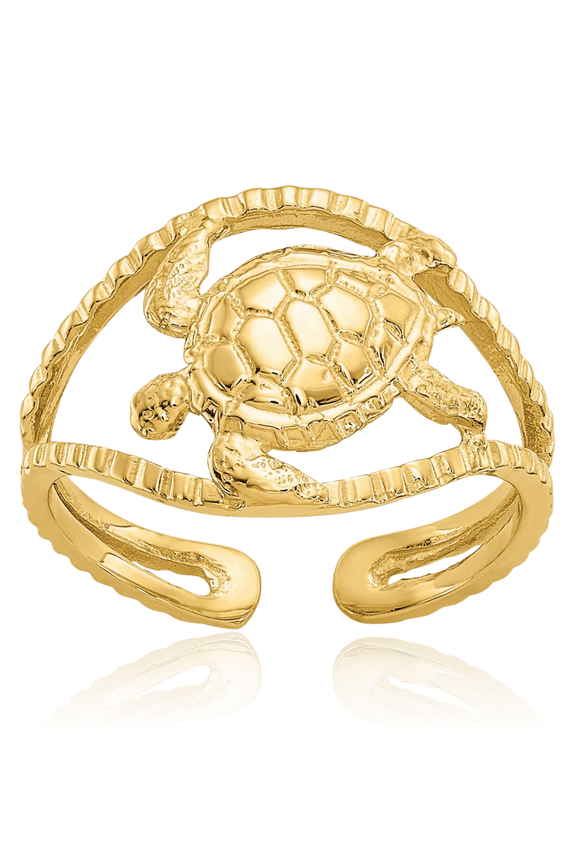 14K Solid Yellow Gold Sea Turtle Adjustable Toe Ring Open Midi Band Summer Beach Jewelry