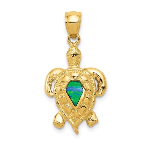 14k Yellow Gold Sea Turtle Pendant Charm with Lab-Created Opal, Polished 28 mm