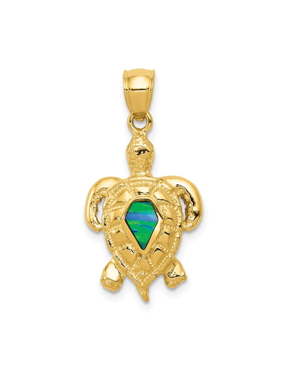 14k Yellow Gold Sea Turtle Pendant Charm with Lab-Created Opal, Polished 28 mm