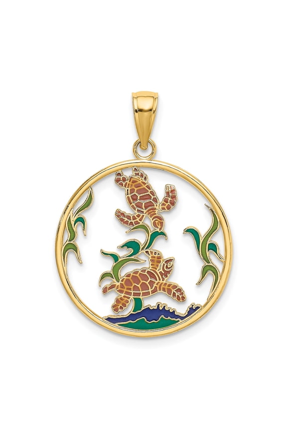 14k Yellow Gold Sea Turtle Pendant with Enamel Accents, Ocean Necklace for Women or Unisex, Marine Life Jewelry with Seaweed Design, Nature-Inspired Tropical Style