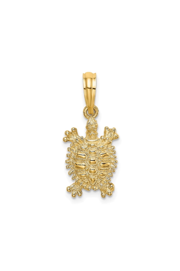 14k Yellow Gold Detailed Sea Turtle Pendant Charm, Polished Textured Shell, 21 mm
