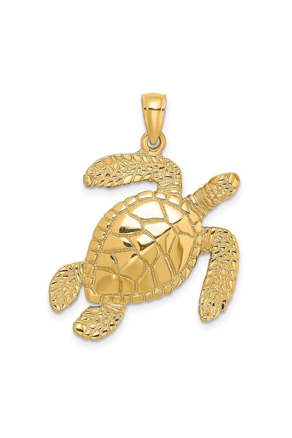 14k Yellow Gold Sea Turtle Pendant Charm, Textured Polished Ocean Animal Jewelry