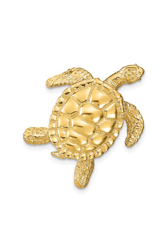 14k Yellow Gold Sea Turtle Omega Slide Pendant Charm, Polished Textured 27mm x 26mm