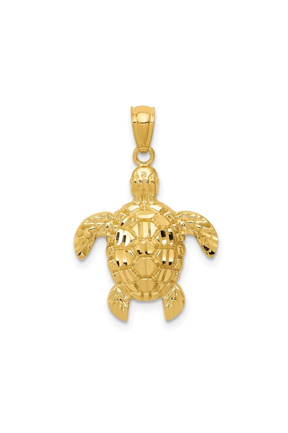 14k Yellow Gold Sea Turtle Pendant for Women or Unisex with Detailed Shell, Nautical Ocean Jewelry Symbolizing Protection, Longevity, Tranquility, Nature, and Hawaiian-Inspired Beach Style