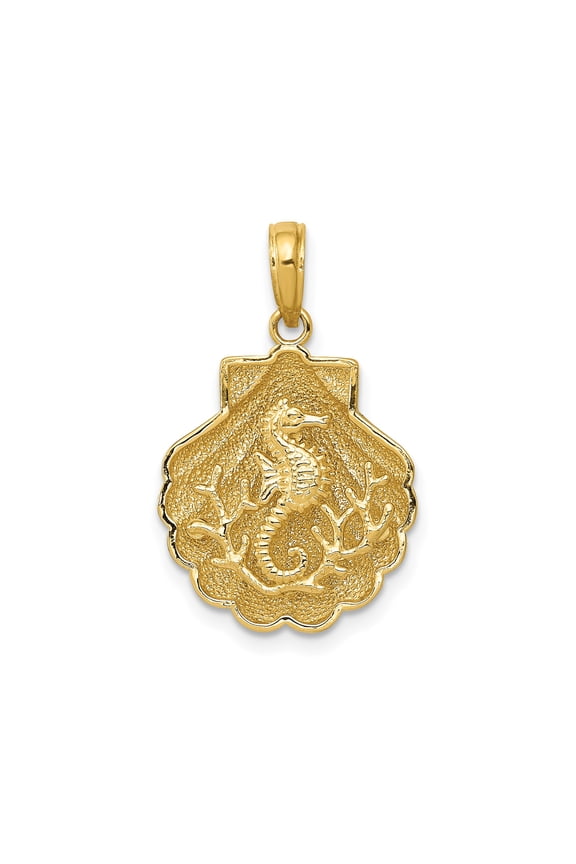 14k Yellow Gold Seahorse and Coral Pendant with Textured Seashell Backdrop, Nautical Ocean Jewelry for Women, Marine Life Theme, Coastal Fashion Necklace