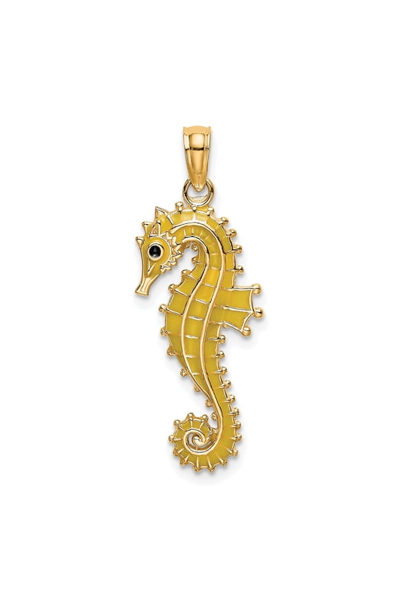 14k Yellow Gold Seahorse Pendant with Enamel Accents for Women or Unisex, Nautical Marine Life Jewelry, Ocean Style Sea Creature Symbol Necklace