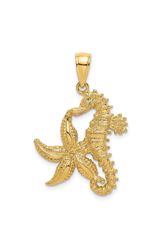 14k Yellow Gold Seahorse and Starfish Pendant for Women or Unisex, Nautical Ocean Charm, Marine Life Jewelry, Beach Style Sea Animal Design