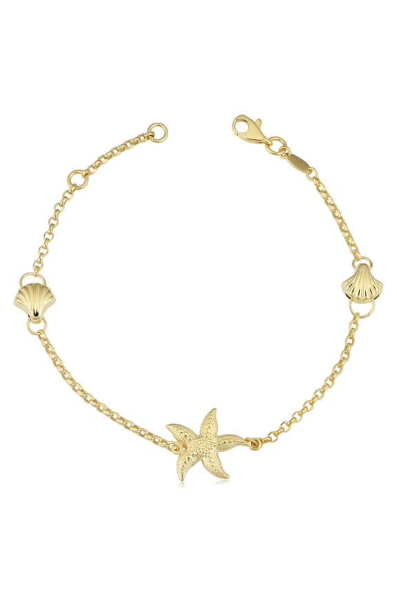 KoolJewelry 14k Yellow Gold Seashell and Starfish Station Bracelet (fits 7" or 7.5")