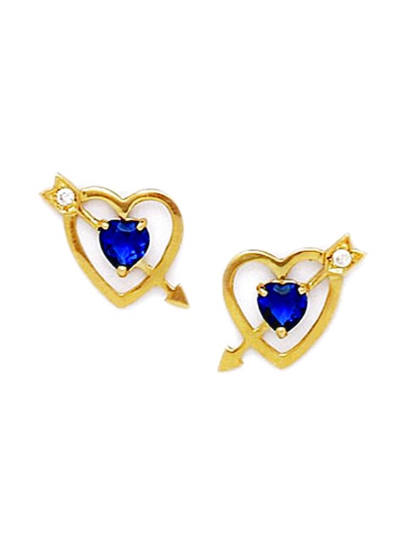14k Yellow Gold September Blue CZ Cupids Arrow Screw Back Earrings 11x13mm Stud Earring for Women