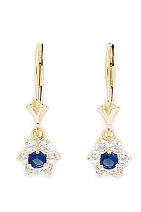 14k Yellow Gold September Blue CZ Flower Drop Leverback Earrings - Measures 23x8mm