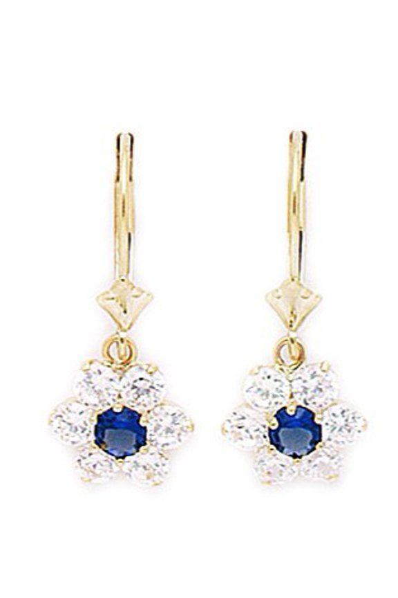 14k Yellow Gold September Blue CZ Flower Drop Leverback Earrings - Measures 25x10mm
