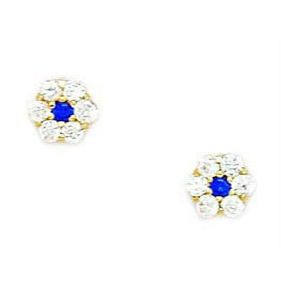 14k Yellow Gold September Blue CZ Medium Flower Screw-Back Earrings - Measures 5x5mm