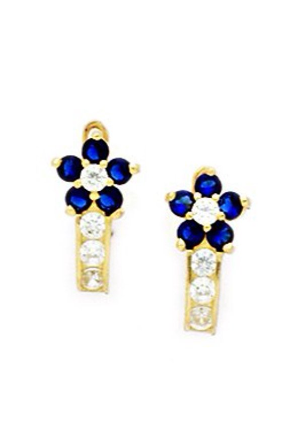 14k Yellow Gold September Blue Cubic Zirconia Flower Leverback Earrings - Measures 13x7mm