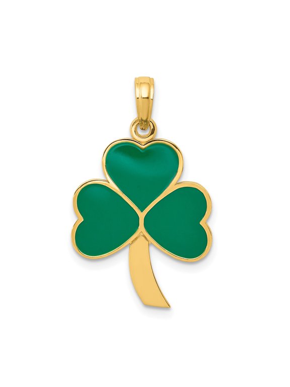 14k Yellow Gold Shamrock Pendant with Green Enamel Heart Leaves, Clover Necklace for Women, Irish Luck Symbol, St Patrick Day Jewelry, Four-Leaf Design Charm
