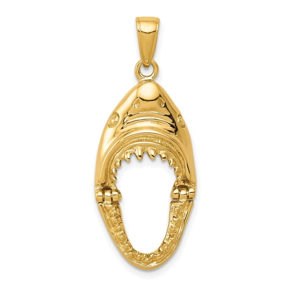 14k Yellow Gold Open Mouth Shark Jaw Pendant Charm, Polished Nautical Jewelry for Men