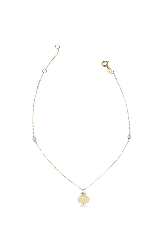 KoolJewelry 14k Yellow Gold Shell Charm Pearl Station Anklet (adjusts to 9" or 10")