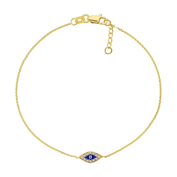 14k Yellow Gold Side-ways Adjustable Mini Cubic Zirconia Evil Eye Bracelet- 7.50 Inch Link Bracelet for Women