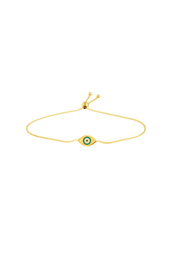 14k Yellow Gold Simulated Turquoise Enamel Evil Eye Bracelet Silicone Bead Cl 9.50 Inch Link Bracelet for Women