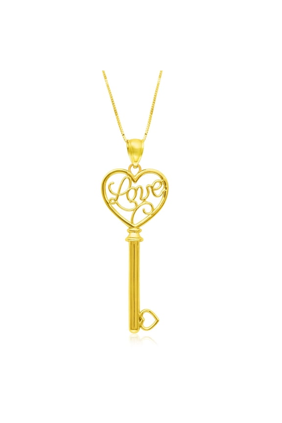 14k Yellow Gold Skeleton Key Style LOVE Pendant Size 18 inches