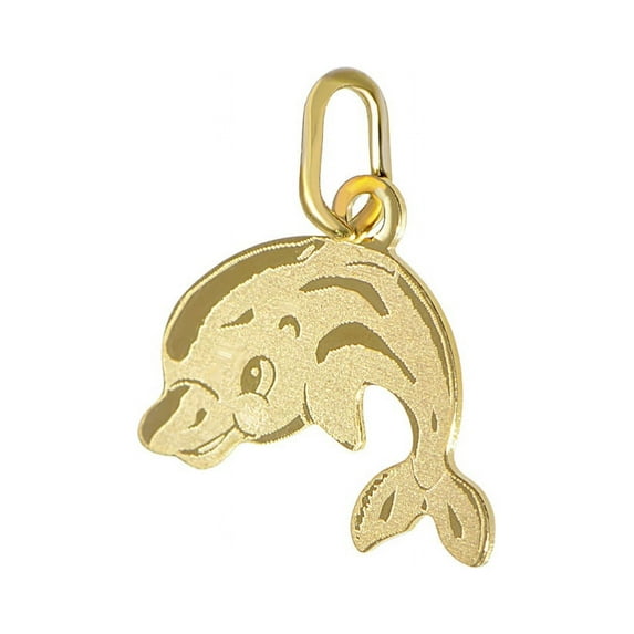 14k Yellow Gold, Small Adorable Dolphin Laser Engraved Light Weight Pendant Charm 15mm