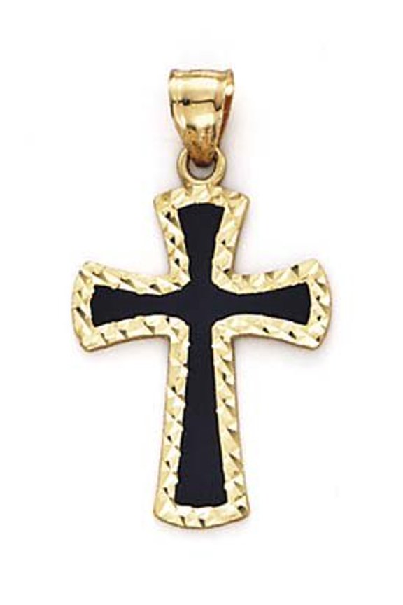 14k Yellow Gold Small Black Enamel Cross Pendant - 1.9 Grams