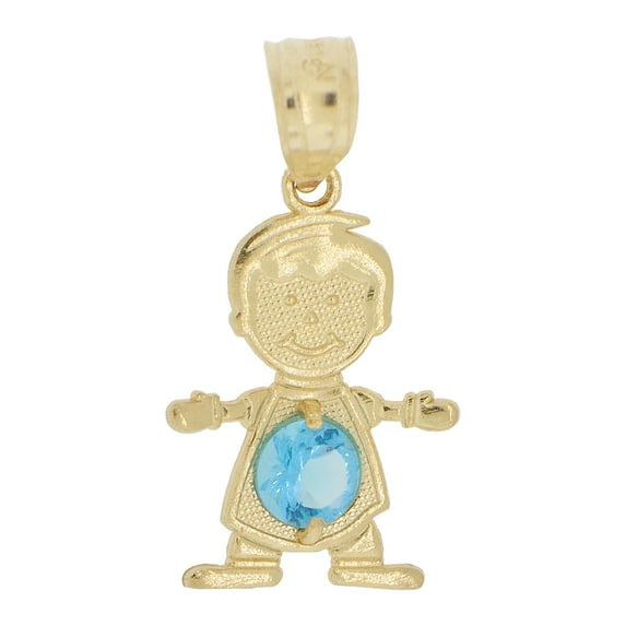14k Yellow Gold, Small Boy Pendant Charm Blue December Created CZ Birthstone 13mm with 16" Dainty Neck Chain