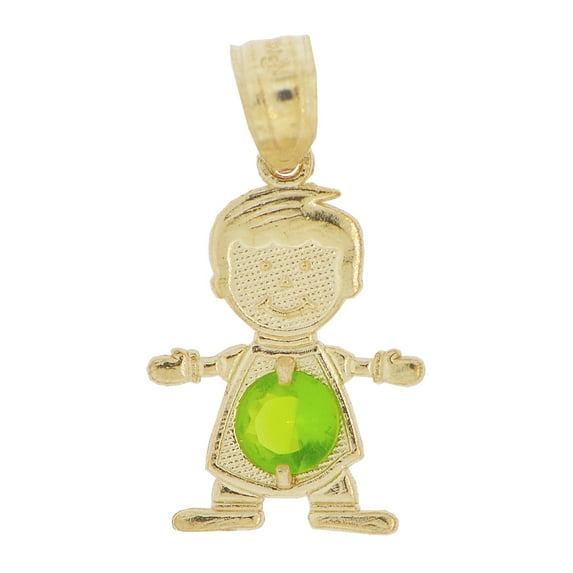 14k Yellow Gold, Small Boy Pendant Charm Light Green August Created CZ Birthstone 13mm with 16" Dainty Neck Chain