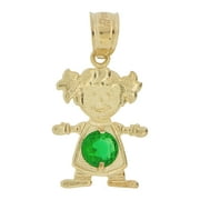 GIVEMEGOLD 14k Yellow Gold, Small Girl Pendant Charm Green May Created CZ Birthstone 12mm NO Necklace