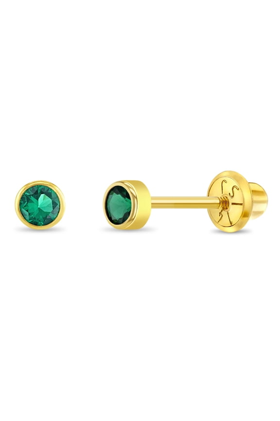 14k Yellow Gold Small Simulated Emerald Bezel Stud Screw Backs for Baby Girls