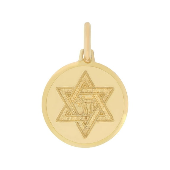 14k Yellow Gold, Small Star of David Chai Medal Pendant Round 15mm with 16" Dainty Neck Chain