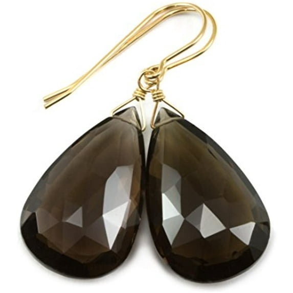 14k Yellow Gold Smoky Quartz Earrings Fat Large Faceted Pear Shaped Smokey Teardrop Briolettes