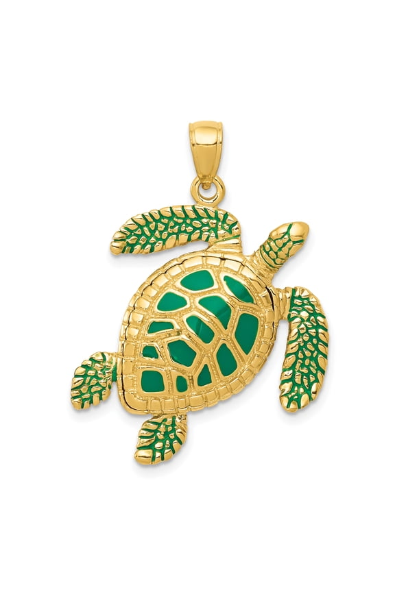 14k Yellow Gold Solid 3D Enameled Sea Turtle Charm Pendant