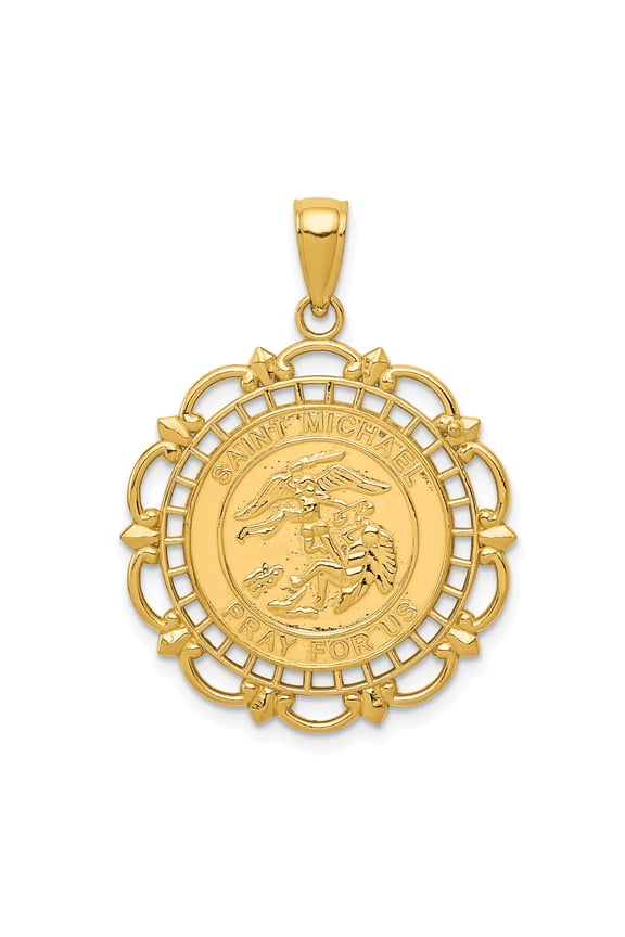 14k Yellow Gold Solid Gold Polished & Satin Saint Michael Medal Charm Pendant