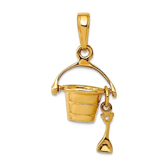 14k Yellow Gold Solid Polished 3-D Beach Bucket with Shove Charm 21x12mm Pendant Necklace for Women