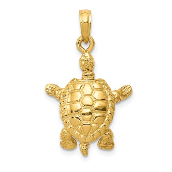 14k Yellow Gold Solid Polished 3-Dimensional Moveable Turtle Pendant