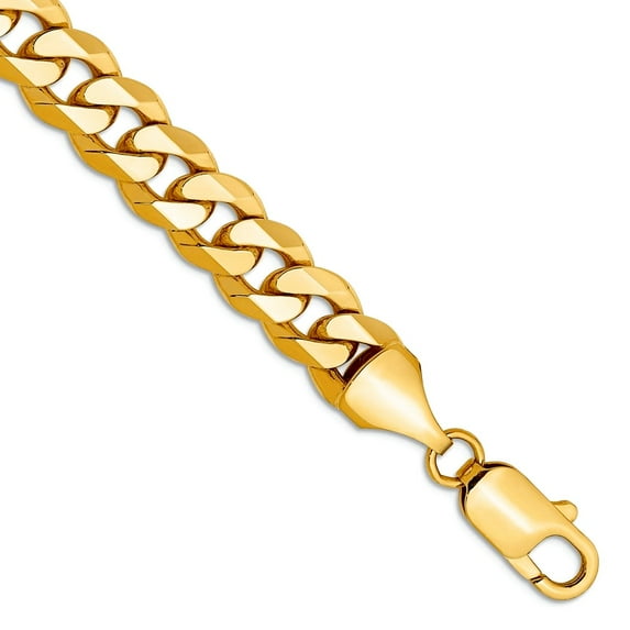 14k Yellow Gold Solid Polished 8.75mm Beveled Curb Chain Bracelet 8 Inch Lobster Claw Link Bracelet for Women and Men