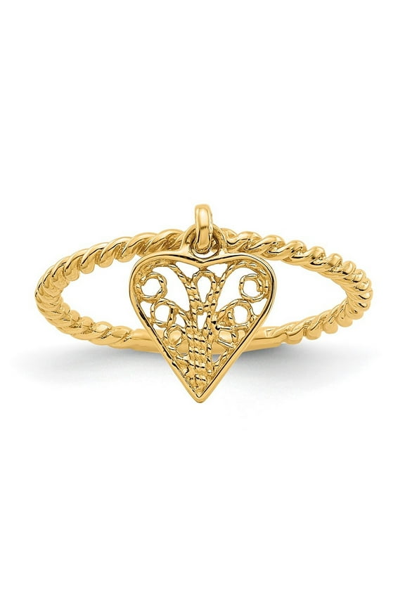 14k Yellow Gold Solid Polished Dangle Love Heart Ring Size 5 - 1.1 Grams - Ring for Women