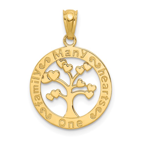 14k Yellow Gold Solid Polished One Family Many Hearts Tree of Life Charm Pendant