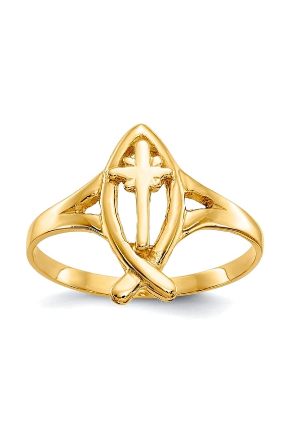 14k Yellow Gold Solid Polished Open face Ichthus With Religious Faith Cross Ring Size 6 Ring for Women
