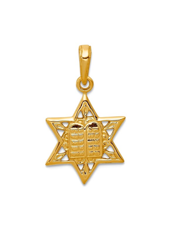 14k Yellow Gold Solid Polished Religious Judaica Star of David With Tablets In Center Pendant Necklace 23x15mm Wide Pend