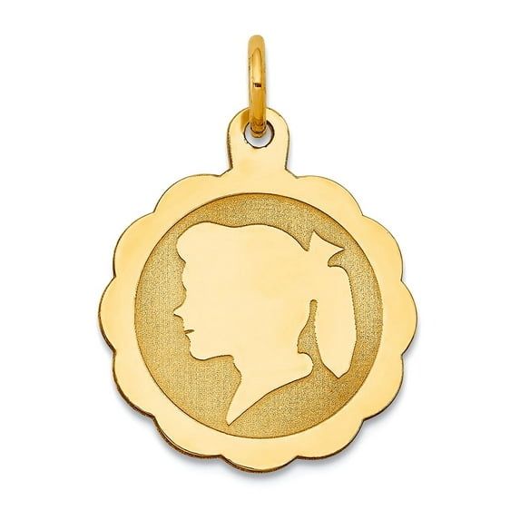 14k Yellow Gold Solid Polished Head on .011 Gauge Engraveable Scalloped Disc Charm 21x15mm Wide Pendant Necklace for Wom