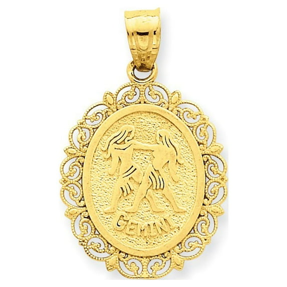 14k Yellow Gold Solid Satin Polished Gemini Zodiac Oval Pendant - 1.8 Grams - Measures 27.8x17.3mm
