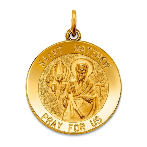 14k Yellow Gold Solid Satin Polished Saint Matthew Medal Pendant Necklace 18.6x26.3mm Pendant for Women