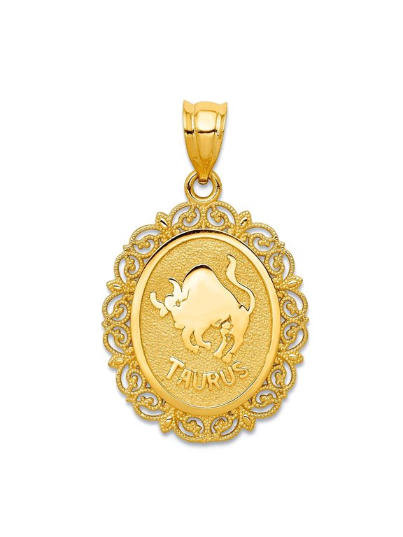 14k Yellow Gold Solid Satin Polished Taurus Zodiac Oval Pendant Necklace 27.6x17.3mm Pendant for Women