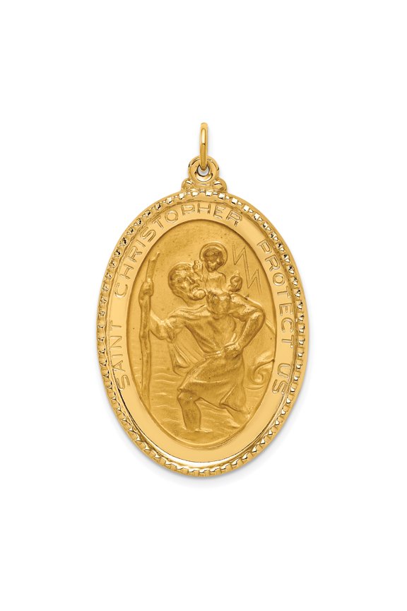 14k Yellow Gold Solid Solid Polished/Satin Extra Large Beaded Edge St. Christopher Medal Charm Pendant