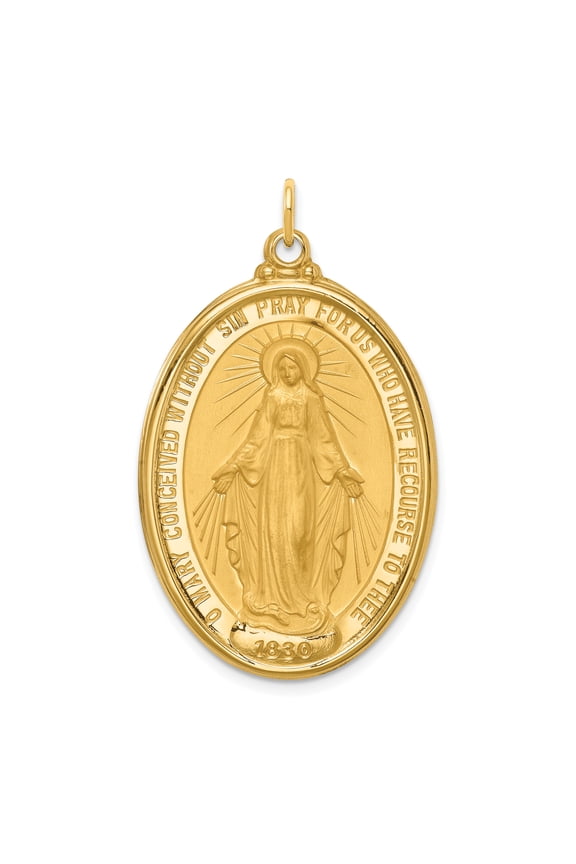 14k Yellow Gold Solid Solid Polished/Satin Extra Large Oval Miraculous Medal Charm Pendant