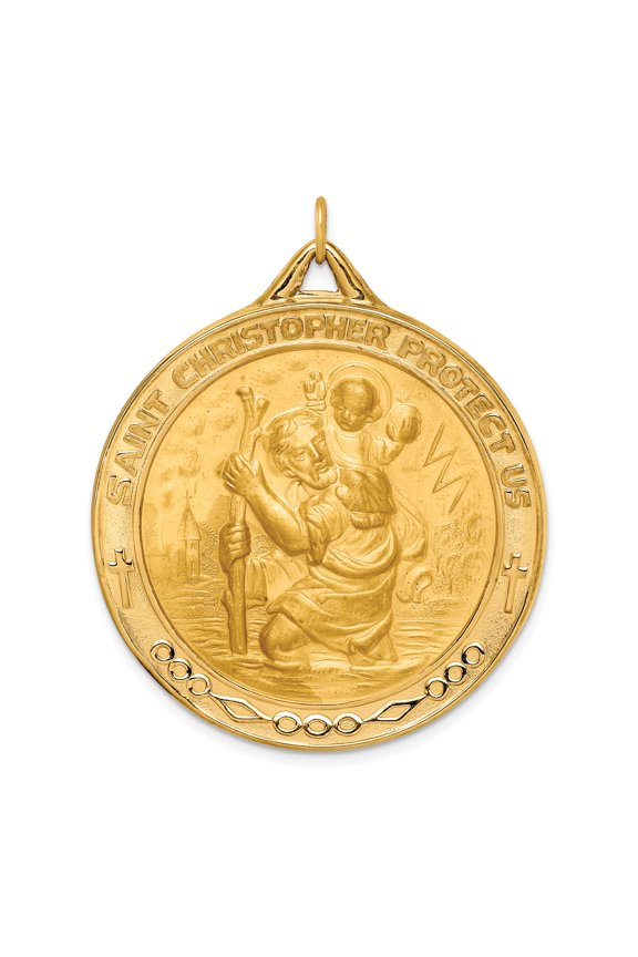 14k Yellow Gold Solid Solid Polished/Satin Extra Large Round St. Christopher Medal Charm Pendant
