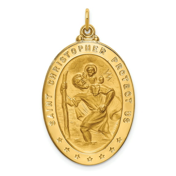 14k Yellow Gold Solid Solid Polished/Satin Large Oval St. Christopher Medal Charm Pendant
